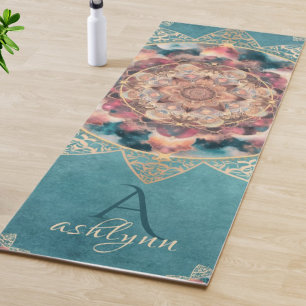 Boho Watercolor Nebula Gold Flower Mandala Yogi Yoga Mat