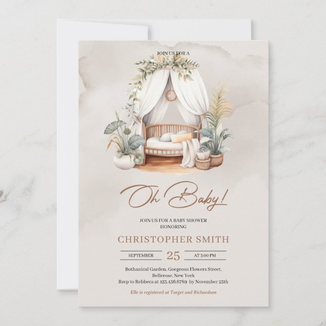 Boho watercolor neutral baby nook tropical invitation (Front)