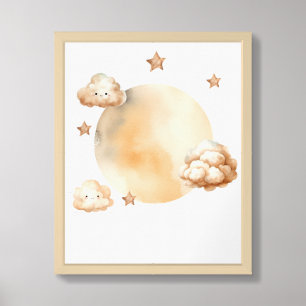 Boho watercolor neutral moon and clouds nursery framed art
