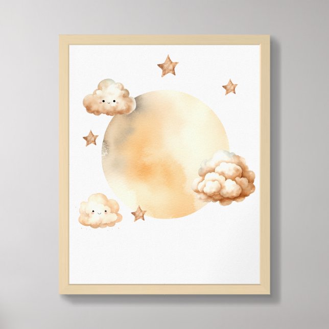 Boho watercolor neutral moon and clouds nursery framed art (Framed Front)