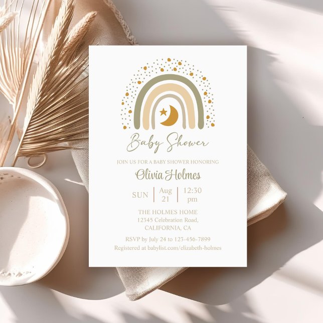 Boho Watercolor Neutral Rainbow Baby Shower Invitation (Boho Watercolor Neutral Rainbow Baby Shower Invitation on a neutral boho table.)
