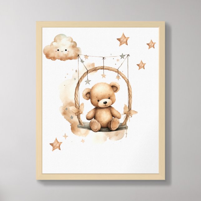 Boho watercolor neutral teddy bear at swing framed art (Framed Front)