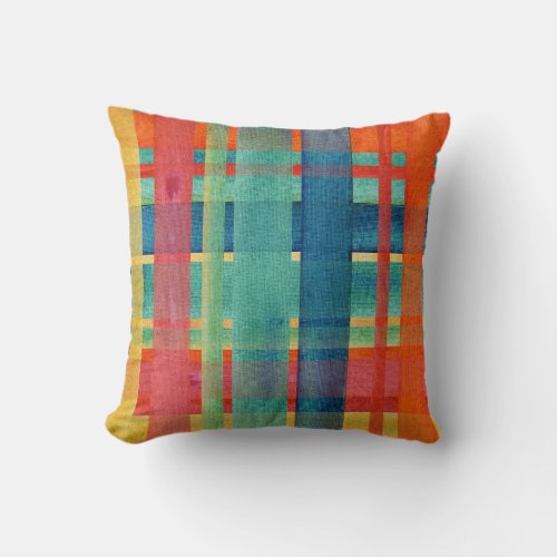 BOHO Watercolor Orange Teal Blue Red Plaid Stripe Throw Pillow