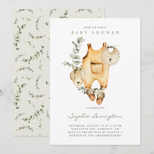 Boho Watercolor Overalls Eucalyptus Baby Shower Invitation (Front/Back)