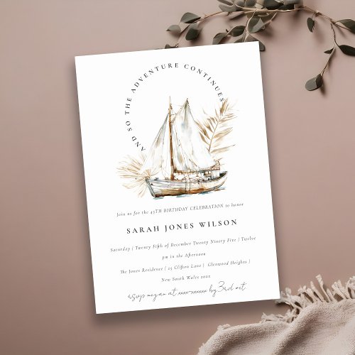 Boho Watercolor Palm Sailboat Seascape Birthday Invitation