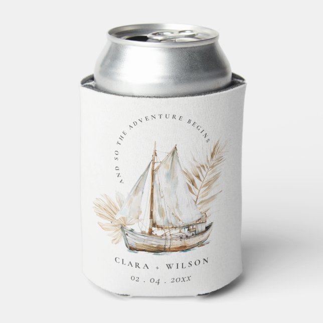 Boho Watercolor Palm Sailboat Seascape Wedding  Can Cooler (Can Front)