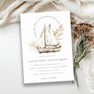 Boho Watercolor Palm Sailboat Seascape Wedding Invitation