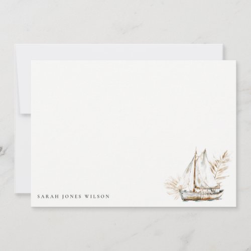 Boho Watercolor Palm Sailboat Seascape Wedding  Note Card