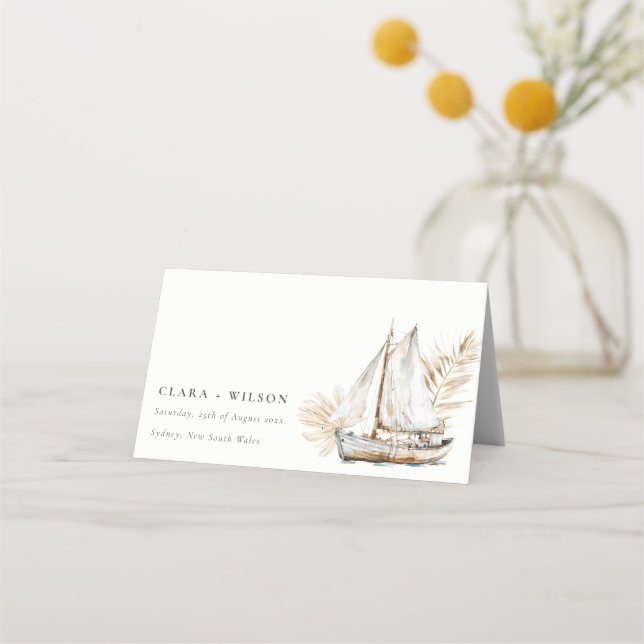 Boho Watercolor Palm Sailboat Seascape Wedding  Place Card (Front)