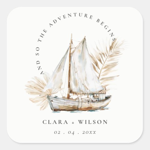 Boho Watercolor Palm Sailboat Seascape Wedding  Square Sticker