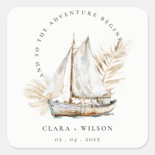 Boho Watercolor Palm Sailboat Seascape Wedding  Square Sticker