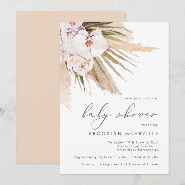 Boho Watercolor Pampas Grass Baby Shower Invitation (Front/Back)