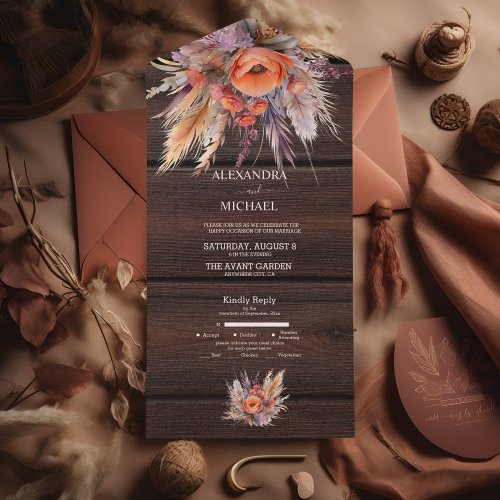 Boho Watercolor Pampas Grass Wedding All In One Invitation