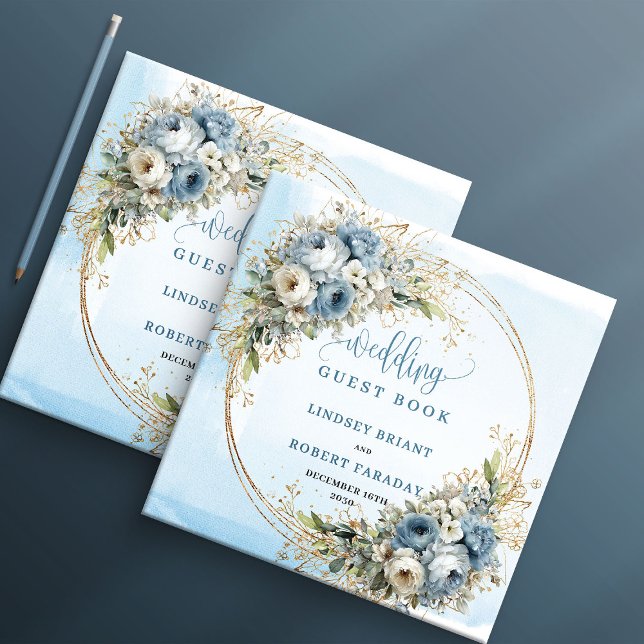Boho Watercolor Pastel Blue Flowers Gold Wedding Guest Book (Boho Watercolor Pastel Blue Flowers Gold Wedding Guest Book)