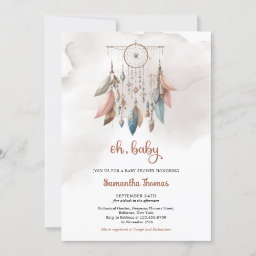 Boho watercolor pastel colors dream catcher girl invitation