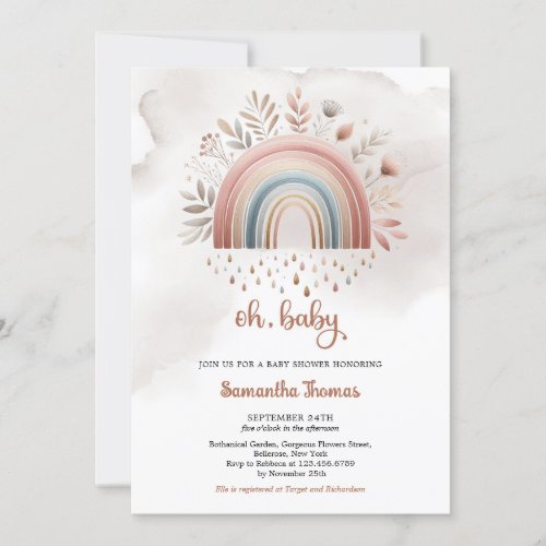 Boho watercolor pastel colors rainbow floral girl invitation