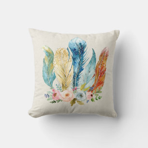 Boho Watercolor Pastel Fearhers Throw Pillow