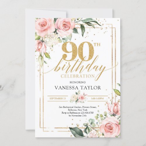 Boho watercolor pink and gold floral greenery 90th invitation