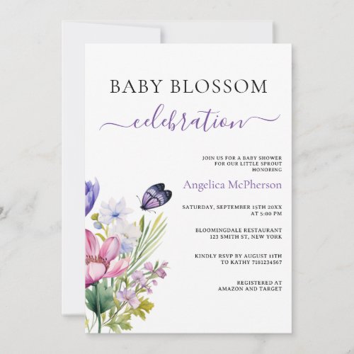 Boho Watercolor Pink and Purple Spring Flowers Invitation