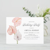 Boho Watercolor Pink Anthuriums Tropical Birthday Invitation (Standing Front)