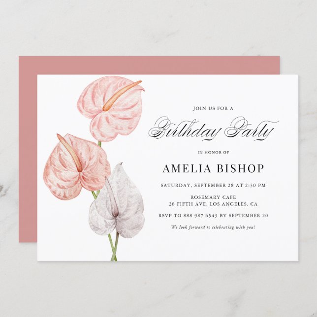 Boho Watercolor Pink Anthuriums Tropical Birthday Invitation (Front/Back)