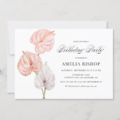 Boho Watercolor Pink Anthuriums Tropical Birthday Invitation (Front)