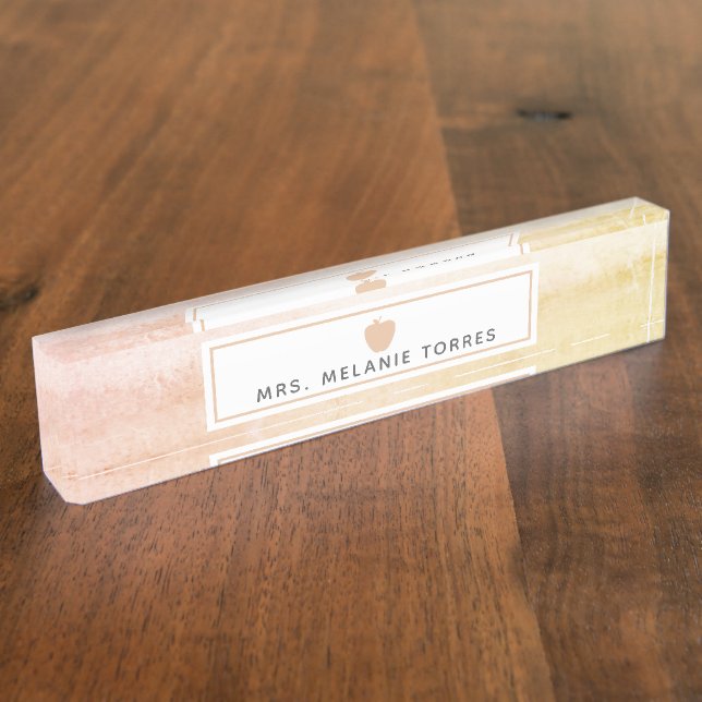 Boho Watercolor Pink Apple Teacher Desk Name Plate (Side)
