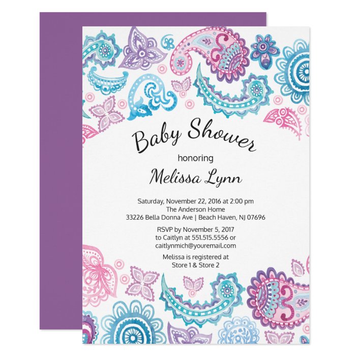 Boho Watercolor Pink Blue Paisley Baby Shower Invitation Zazzle