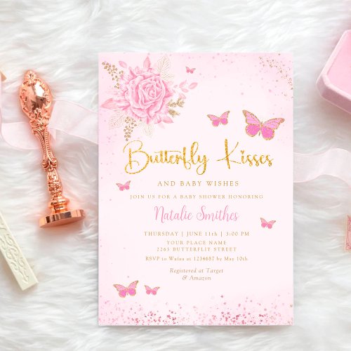 Boho Watercolor Pink Butterfly Girl Baby Shower Invitation