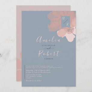 Boho Watercolor Pink Dusty Blue Wedding Invitation