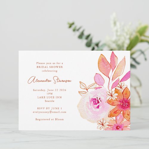 Boho Watercolor Pink Orange Flowers Bridal Shower Invitation