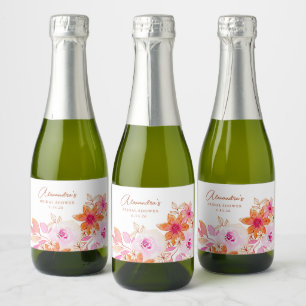 Boho Watercolor Pink Orange Flowers Bridal Shower Sparkling Wine Label