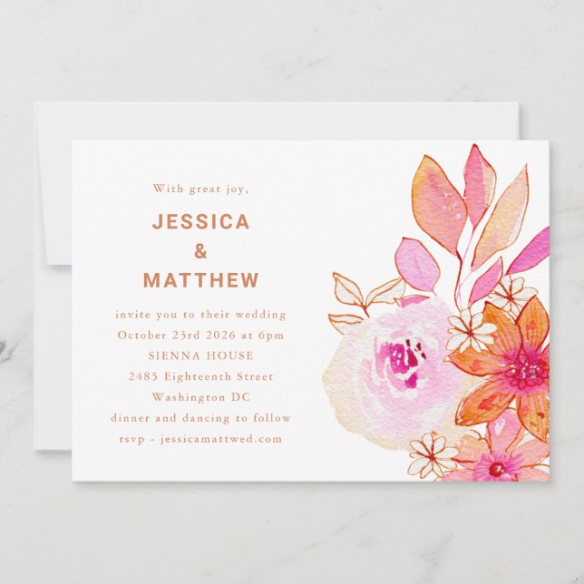 Boho Watercolor Pink Orange Flowers Chic Wedding Invitation (Front)
