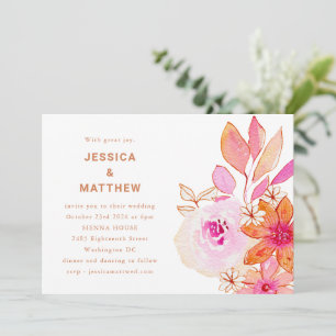 Boho Watercolor Pink Orange Flowers Chic Wedding Invitation