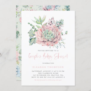 Boho Watercolor Pink Pastel Succulents Baby Shower Invitation