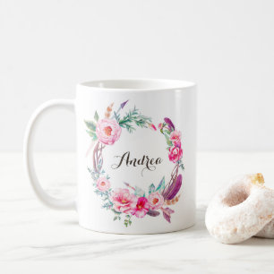 Boho Watercolor Pink Peonies Floral Wreath Coffee Mug