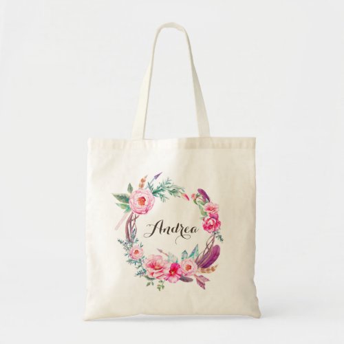 Boho Watercolor Pink Peonies Floral Wreath Custom Tote Bag