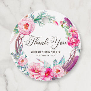 Boho Watercolor Pink Peonies Wreath Thank You Favor Tags
