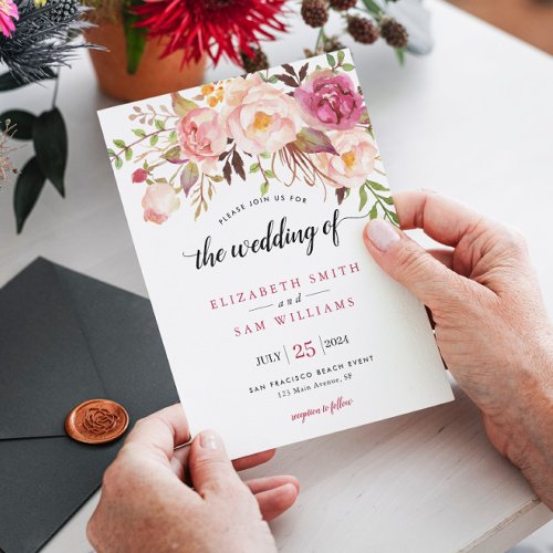 Boho Watercolor Pink Peony Floral Rustic Wedding Invitation