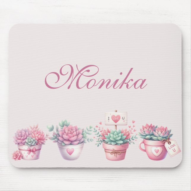Boho Watercolor Pink Potted Succulents Custom Mouse Pad (Front)