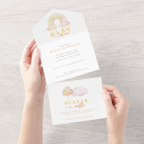 Boho Watercolor Pink Rainbow Girl Baby Shower All In One Invitation