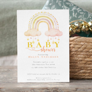 Boho Watercolor Pink Rainbow Girl Baby Shower Invitation