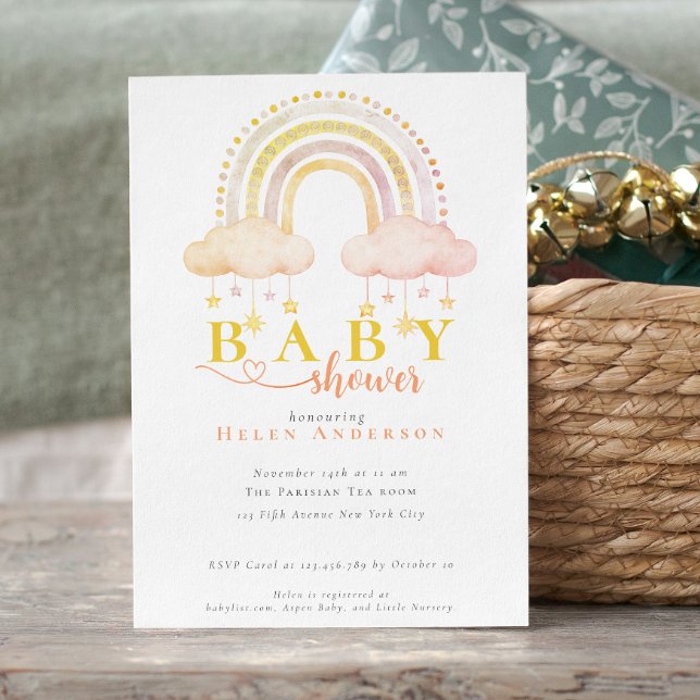 Boho Watercolor Pink Rainbow Girl Baby Shower Invitation (Baby Girl Boho Watercolor Pink Rainbow Shower Invitation)