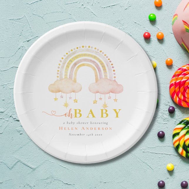 Boho Watercolor Pink Rainbow Girl Baby Shower Paper Plates (Boho Watercolor Pink Rainbow Girl Baby Shower Paper Plates)