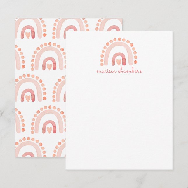 Boho Watercolor Pink Rainbow Girl's  Note Card (Front/Back)