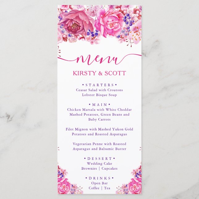 Boho Watercolor Pink Roses Wedding Menu (Front)