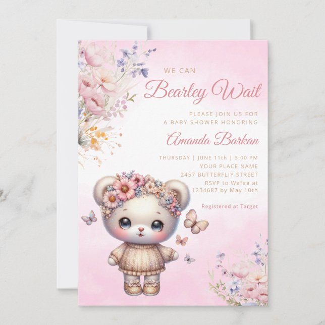Boho Watercolor pink Teddy Bear Girl Baby Shower  Invitation (Front)