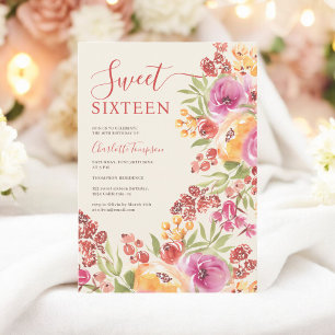 Boho Watercolor Pink Terracotta Floral Sweet 16 Invitation