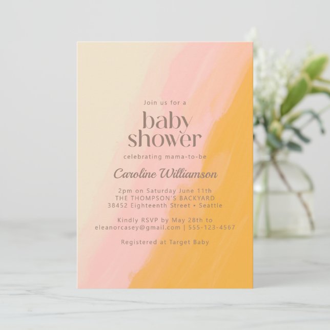Boho Watercolor Pink Yellow Cute Baby Shower Invitation (Standing Front)