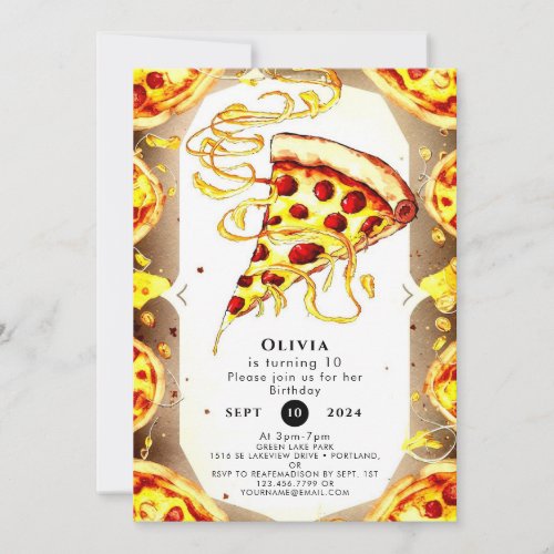 Boho Watercolor Pizza Birthday Invitation